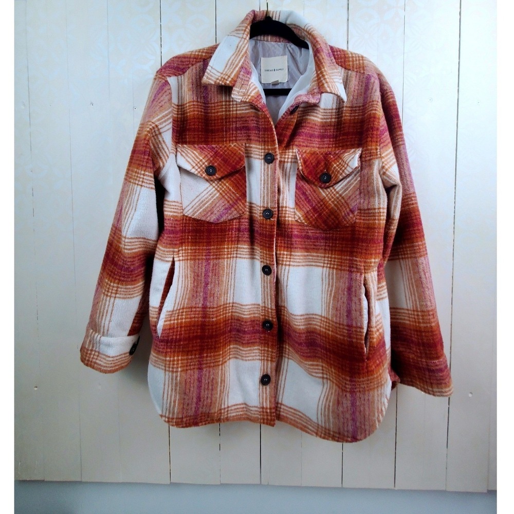 Thread & Supply Plaid Shirt Jacket Shacket Orange Cream Burgundy Large